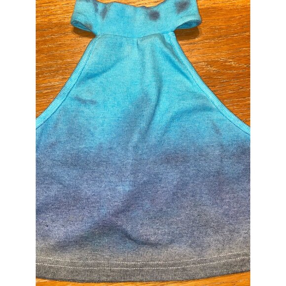 Tie-Dye Halter Crop Top Ribbed Knit Sleeveless Gradient Blue & Gray Design Women - Picture 2 of 3